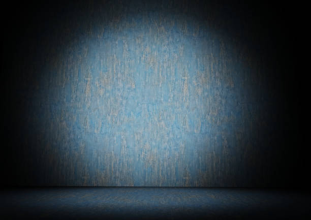 istock Blue colored metal surface wall and floor with faded lights good background image with texture front view 3d rendering 1292575255