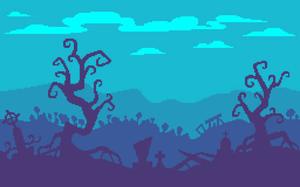 Pixel art game location. A haunted forest with graves. Pixel art game location. A haunted forest with graves. 8 bit retro style background. Seamless vector background. pixel sky background stock illustrations