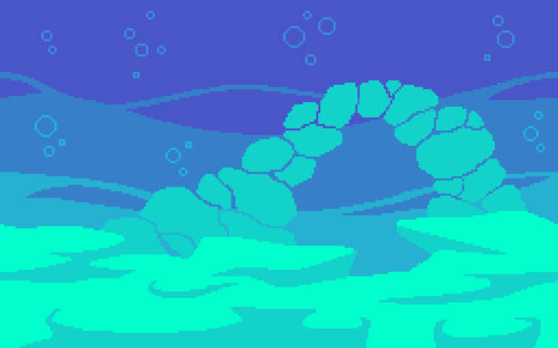 ilustrações, clipart, desenhos animados e ícones de localização do jogo pixel art. fundo do oceano com pedras e corais. - amusement arcade illustrations
