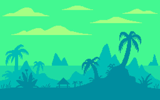 ilustrações, clipart, desenhos animados e ícones de localização do jogo pixel art. palmeiras em uma ilha tropical. - amusement arcade illustrations