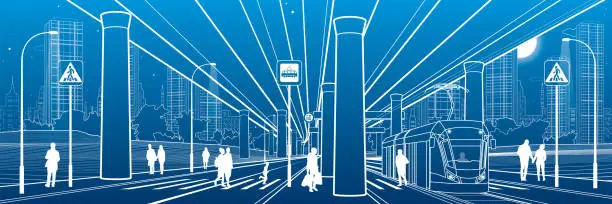 Vector illustration of City scene. Urban environment. Automobile bridge, overpass. Tram rides. People walking at street. Night city on background. Electric transport. Outline vector infrastructure illustration. White lines