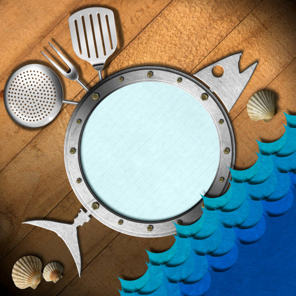 Template for a Seafood Menu with Porthole in the Shape of Fish with copy space, kitchen utensils, blue waves, sea shells, on wooden background.