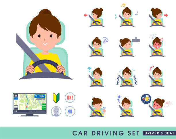 flat type Bun hair mom_Drivers seat A set of women driving a car(driving seat).It's vector art so it's easy to edit. impatient woman stock illustrations