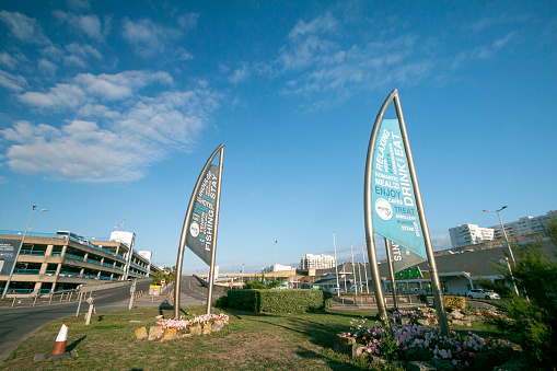 Banners at Brighton Marina in East Sussex, England, with various inspirational activities printed on them
