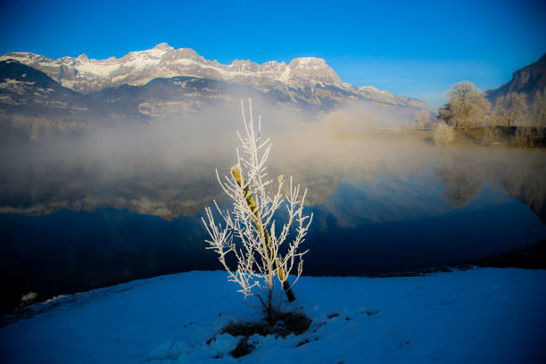 Beautiful blue lake in the mountains, morning sunrise time. Landscape with snow shining sun