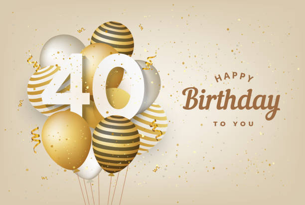 illustrazioni stock, clip art, cartoni animati e icone di tendenza di buon 40 ° compleanno con palloncini d'oro sfondo biglietto d'auguri. - numero 40