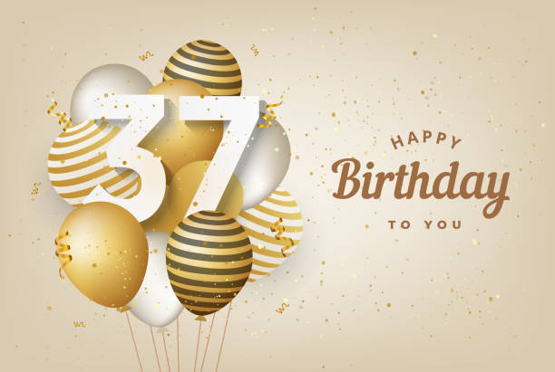 Happy 37th birthday with gold balloons greeting card background. Happy 37th birthday with gold balloons greeting card background. 37 years anniversary. 37th celebrating with confetti. Vector stock number 37 illustrations stock illustrations