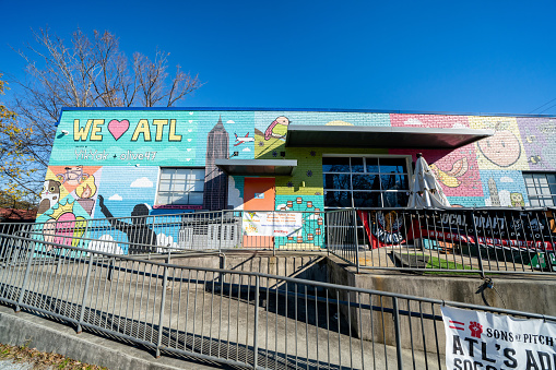 Atlanta, GA, USA - December 10, 2020: Photo of businesses and shops seen along the Atlanta BeltLine fitness trail and scenic walkway
