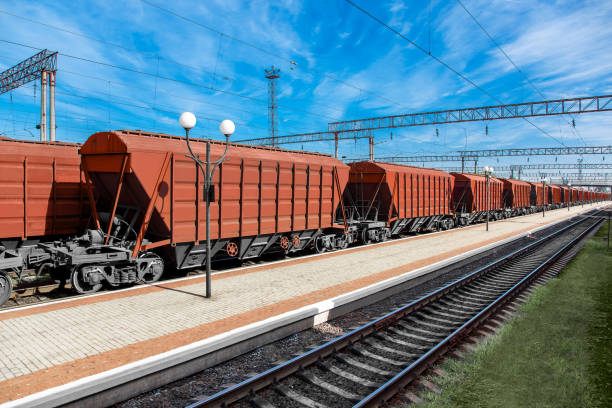 railway carriage grain carrier for transporting agricultural crops at the station on a sunny day, freight cars with bulk cargo, nobody. railway carriage grain carrier for transporting agricultural crops at the station on a sunny day, freight cars with bulk cargo, nobody. rail car stock pictures, royalty-free photos & images