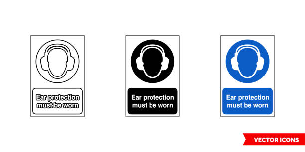 Mandatory signs ear protection must be worn icon of 3 types color, black and white, outline. Isolated vector sign symbol Mandatory signs ear protection must be worn icon of 3 types color, black and white, outline.Isolated vector sign symbol. ear protectors stock illustrations