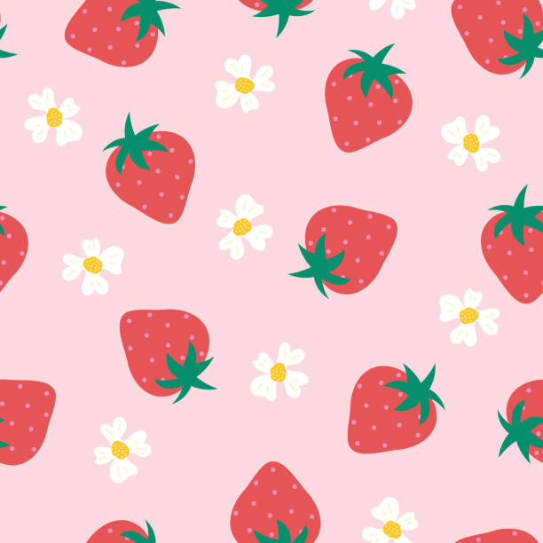 ilustraciones, imágenes clip art, dibujos animados e iconos de stock de flores de fresa patrón vectorial sin costuras. repetir fondo con fruta de verano sobre rosa. uso para tela, envoltura de regalo, embalaje. - berry fruit pink vibrant color leaf