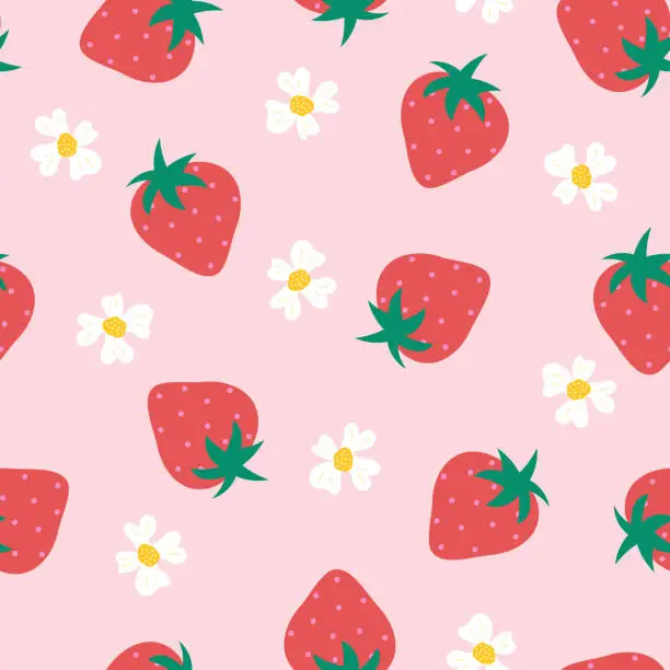 Vector illustration of Strawberry flowers seamless vector pattern. Repeating background with summer fruit on pink. Use for fabric, gift wrap, packaging.