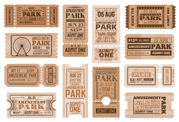 서커스 쇼의 놀이 공원 티켓 템플릿 - 티켓 스텁 stock illustrations