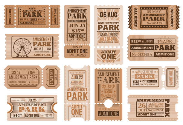 Amusement park ticket templates of circus show Amusement park ticket vector templates. Circus carnival show retro admission coupons, admit one and access cards with ferris wheels, circus performance and entertainment event invitation design ticket stub stock illustrations