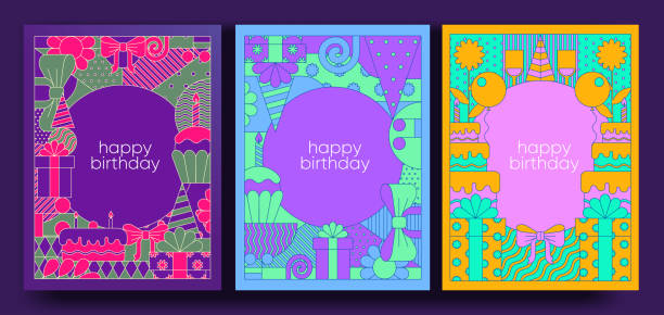 Birthday cards and posters. Set of vector postcards, geometric illustrations. Cupcake with a candle, a gift, a birthday cake. Birthday cards and posters. Set of vector postcards, geometric illustrations. Cupcake with a candle, a gift, a birthday cake. anniversary invitation backgrounds greeting card stock illustrations