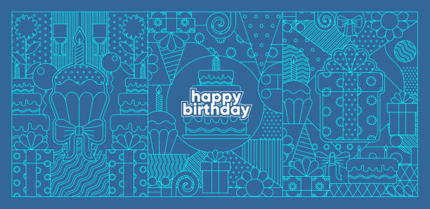 생일 배경. 생일 배경. 휴일 요소의 패턴, 촛불, 선물, 생일 케이크와 기하학적 패턴 컵 케이크. - birthday card stock illustrations
