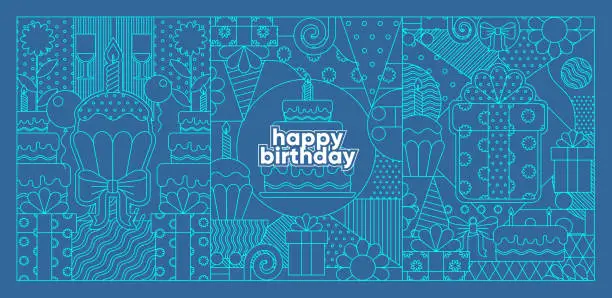 Vector illustration of The Birthday Background. Birthday Background. Pattern of holiday elements, geometric patterns cupcake with a candle, a gift, a birthday cake.