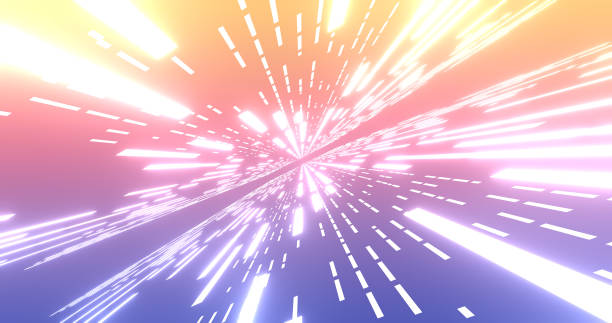 istock Abstract glow neon lines and stripes. Retro futuristic background. Abstract background with flying neon glowing stripes. Gradient violet-pink-yellow. 3d illustration 1292583921