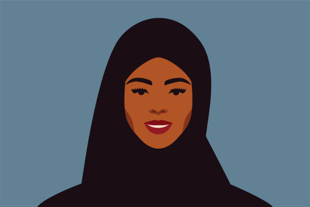 bildbanksillustrationer, clip art samt tecknat material och ikoner med log arabisk kvinna med en svart hijab ser direkt. business unga muslimska kvinnliga bär halsduk porträtt framifrån på en blå bakgrund. - iranian girl