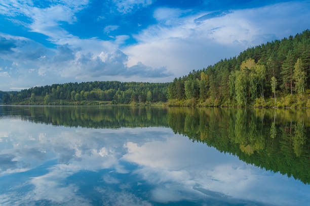 istock Reflection of trees in mirror of lake 1292584639