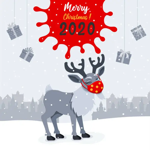 Vector illustration of Christmas Reindeer wearing medical face mask.