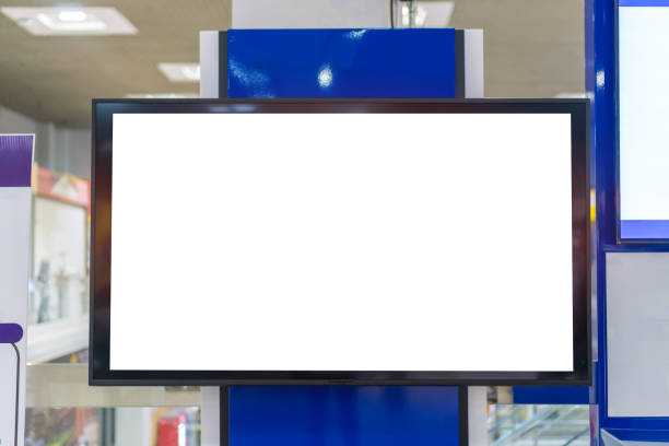Mock up lcd smart TV or signboard for billboard banner display presentation at event convention exhibit trade show at booth  conference hall, white blank screen background