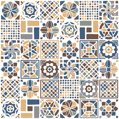Various Mexican indigo decorations combined to create seamless pattern illustration. Hand drawn vector graphic for creating fabrics, packaging, stationery, wallpaper designs.