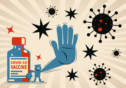 Blue Characters Vector Art Illustration.
Smiling man with Vaccine bottle stretching out his hand to fighting against coronavirus disease (COVID-19, flu virus).