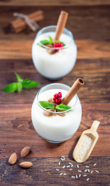 Creamy rice pudding topped with cinnamon and almond