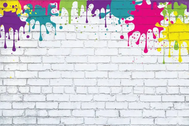 Vector illustration of Colorful Paint Splash Splatter Grunge White Brick Wall Background