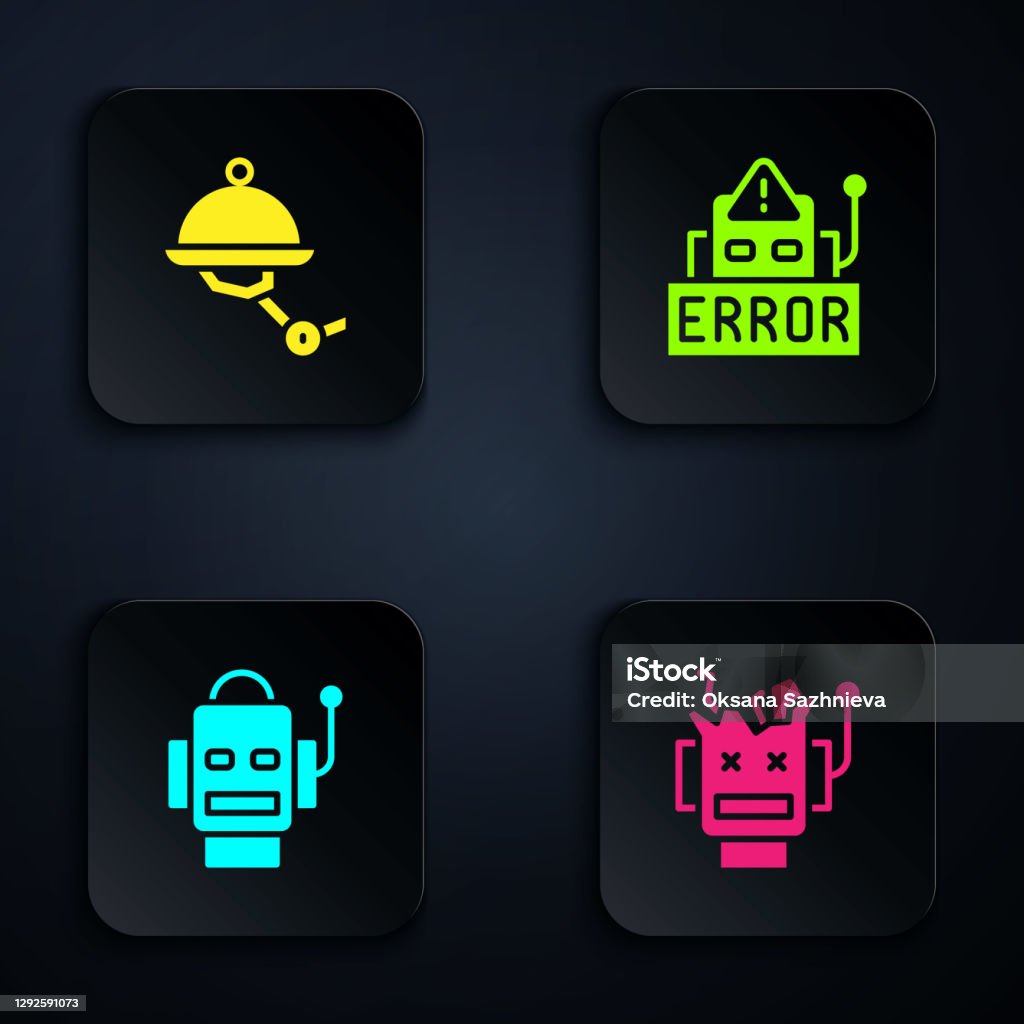 Set Broken Robot Waiter Robot And Error In Black Square Button Vector ...