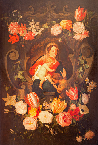Antwerp -  Madonna with the child and st. John the Baptist among the flowers. Paint in side corridor of St. Pauls church (Paulskerk) by unknown baroque painter.