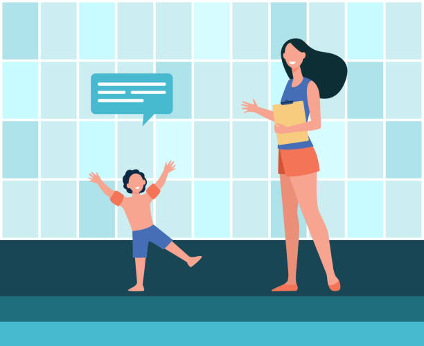 ilustrações de stock, clip art, desenhos animados e ícones de boy talking to female trainer at swimming pool - arm band illustrations