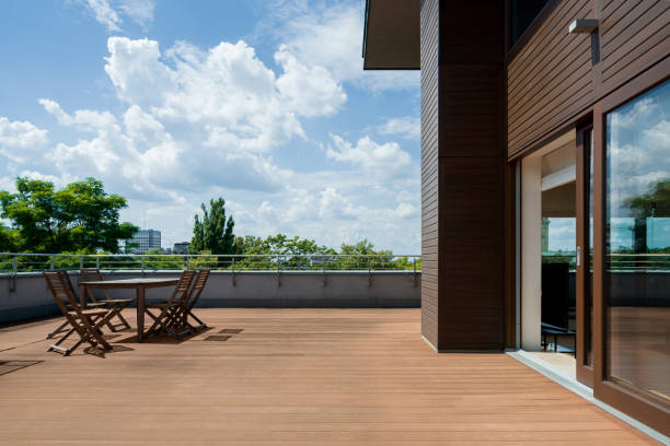 istock Spacious terrace with wooden floor 1292595169
