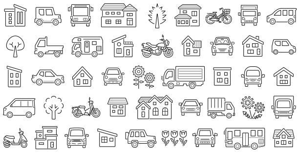 значок набор дома и автомобиля и велосипеда и завода - только линия с разры�вом - - bicycle pick up truck icon set computer icon stock illustrations