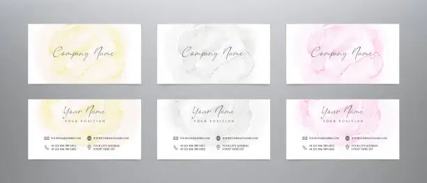 Vector illustration of Fashion collection business cards. Set vector watercolor backgrounds in golden, pink and gray colors. Abstract business card templates