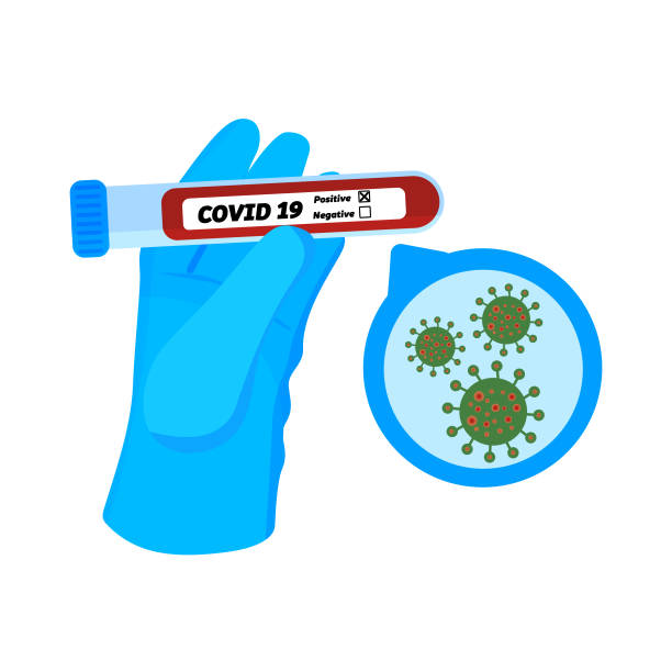 ilustrações de stock, clip art, desenhos animados e ícones de doctor hand in medical gloves holds test sample tube with blood affected by coronavirus covid-19. close up corona bacteria cell. vector illustration isolated. medicine, health care, pandemic concept - blood red blood cell blood cell blood sample