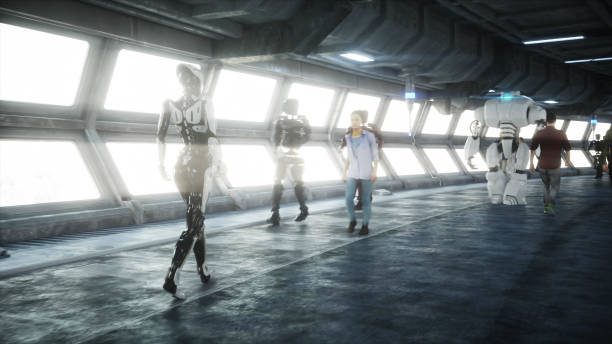 istock Robot in Sci fi tonnel. Concept of future.. 3d rendering. 1292599649