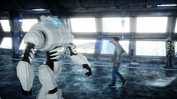 istock Robot in Sci fi tonnel. Concept of future.. 3d rendering. 1292599654