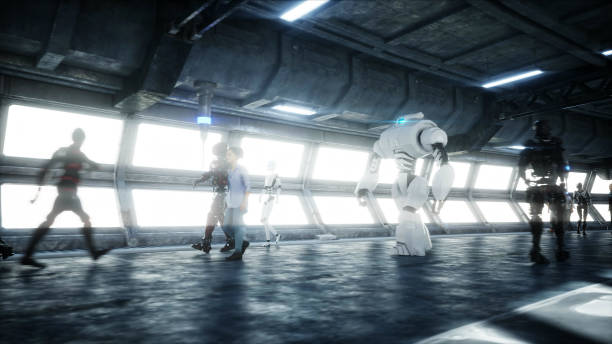 istock Robot in Sci fi tonnel. Concept of future.. 3d rendering. 1292599661