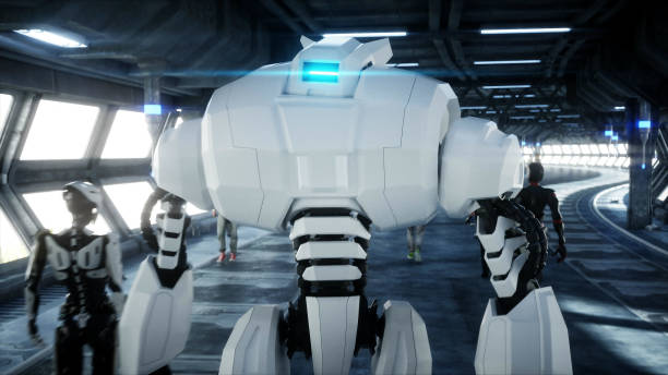 istock Robot in Sci fi tonnel. Concept of future.. 3d rendering. 1292599679