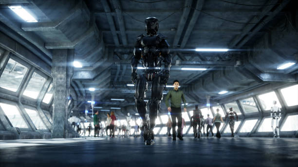 istock Robot in Sci fi tonnel. Concept of future.. 3d rendering. 1292599695