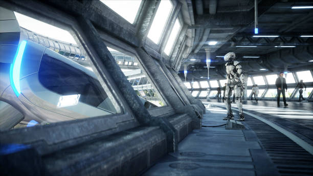 istock Robot in Sci fi tonnel. Concept of future.. 3d rendering. 1292599728