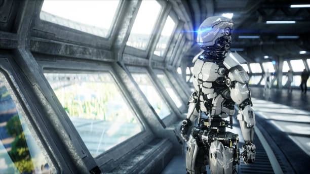 istock Robot in Sci fi tonnel. Concept of future.. 3d rendering. 1292599736