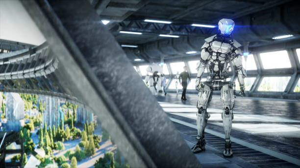 istock Robot in Sci fi tonnel. Concept of future.. 3d rendering. 1292599743