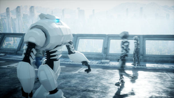 istock Robot in Sci fi tonnel. Concept of future.. 3d rendering..3d rendering. 1292600471