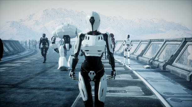 istock Robot in Sci fi tonnel. Concept of future.. 3d rendering..3d rendering. 1292600495