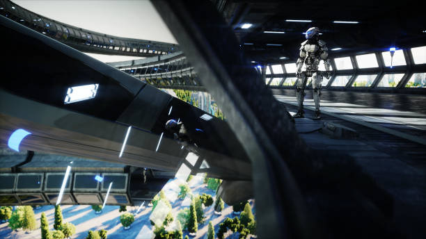istock Robot in Sci fi tonnel. Concept of future.. 3d rendering..3d rendering. 1292600541