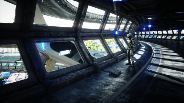 istock Robot in Sci fi tonnel. Concept of future.. 3d rendering..3d rendering. 1292600552