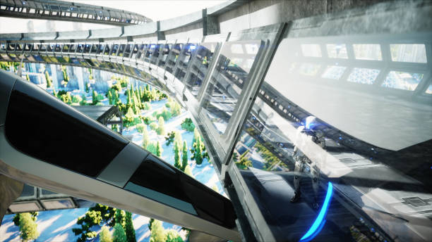 istock Robot in Sci fi tonnel. Concept of future.. 3d rendering..3d rendering. 1292600591